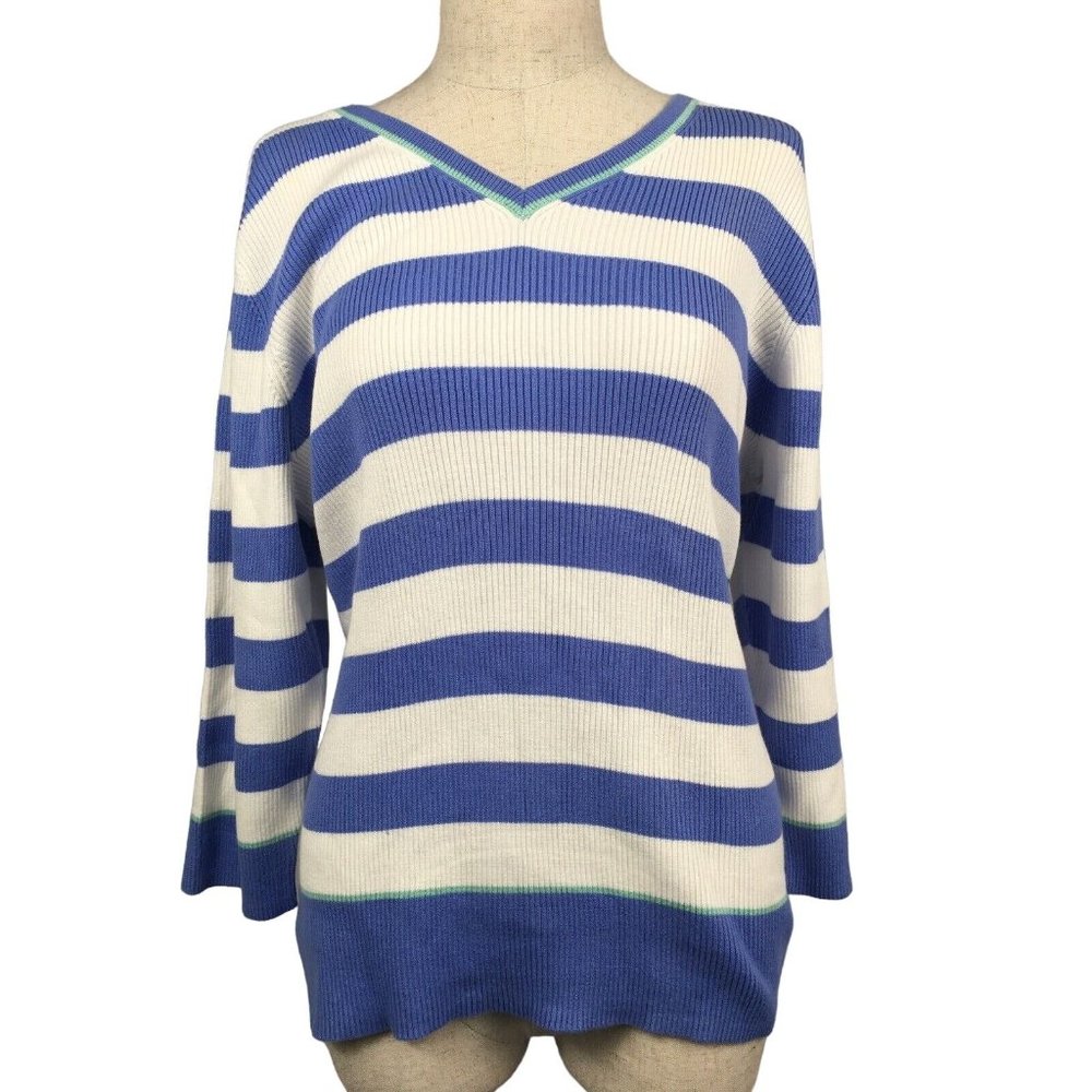 Y2K 90s Croft & Barrow Womens XL Ribbed Sweater Striped Blue Academia 3/4 Sleeve